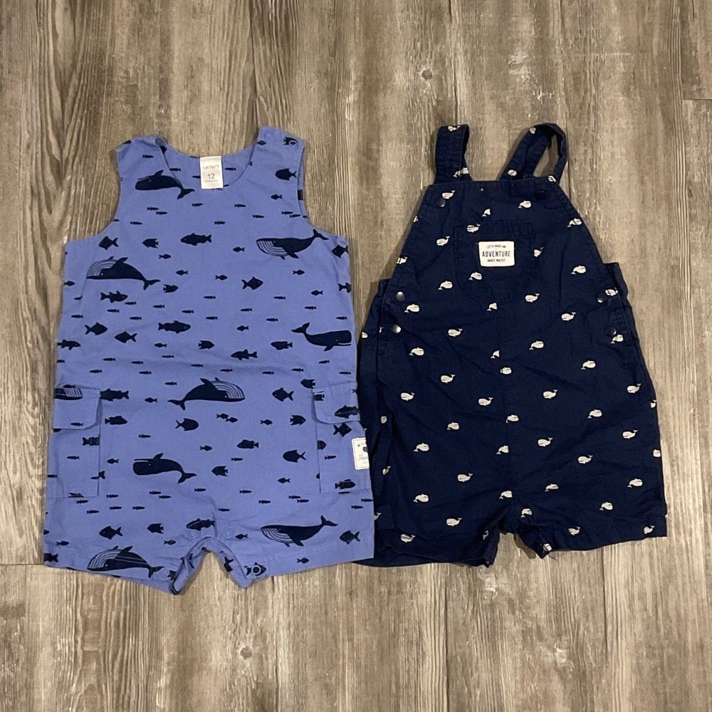 Take 50% OFF- Blue and Navy Whale Print Baby Rompers, Size-12M